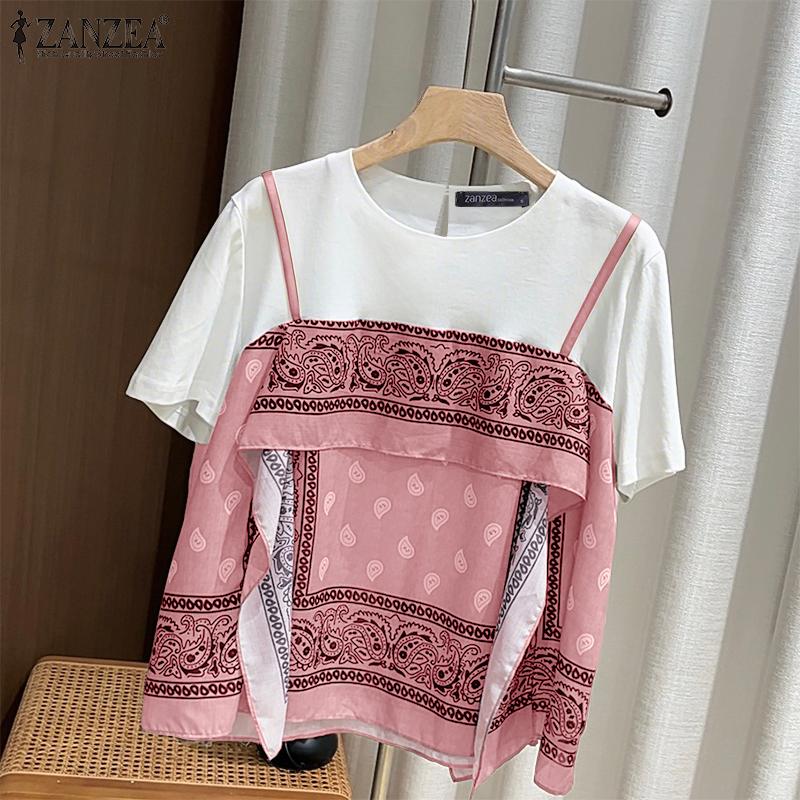 ZANZEA Women Casual Round Neck Print Patchwork Summer Short Sleeve Blouse