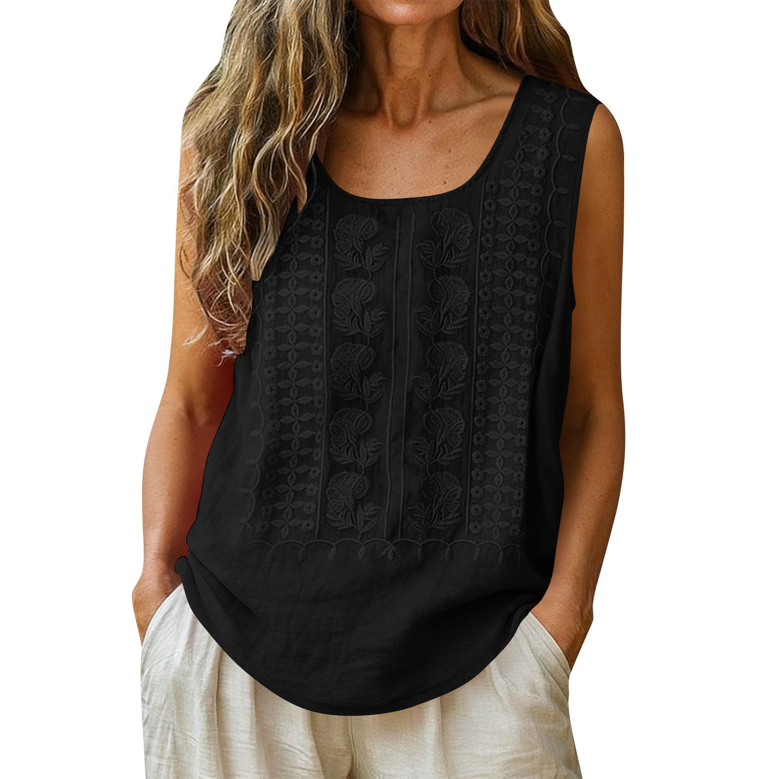 Women S Sleeveless Embroidered Cotton Linen Loose Top S