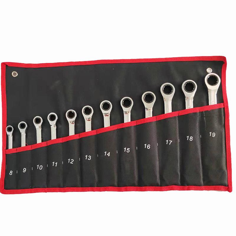 Adjustable Gear Ratchet Wrench Set with Canvas Hanging Bag