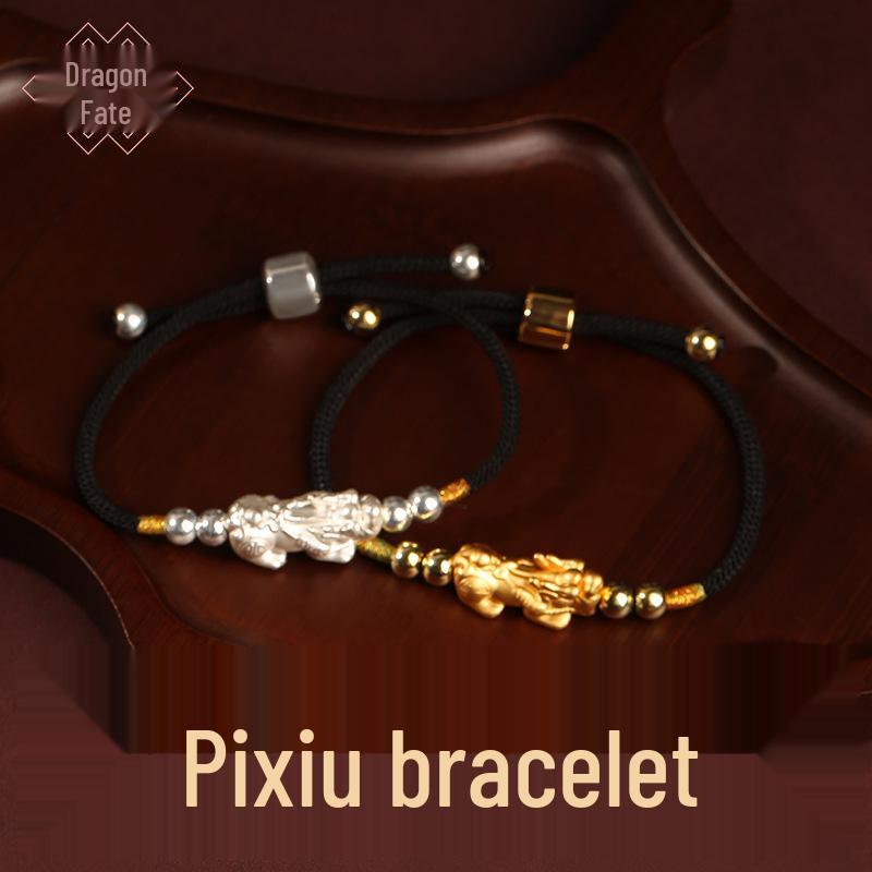 

Handmade Sterling Silver & Gold-Plated Red Rope Pixiu Bracelet for Women Pure Silver