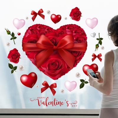 Heart-Shaped Rose Flower Window Sticker Valentine's Day Removable PVC Window Glass Decal Reusable Static Clings for Home Anniversary Decoration