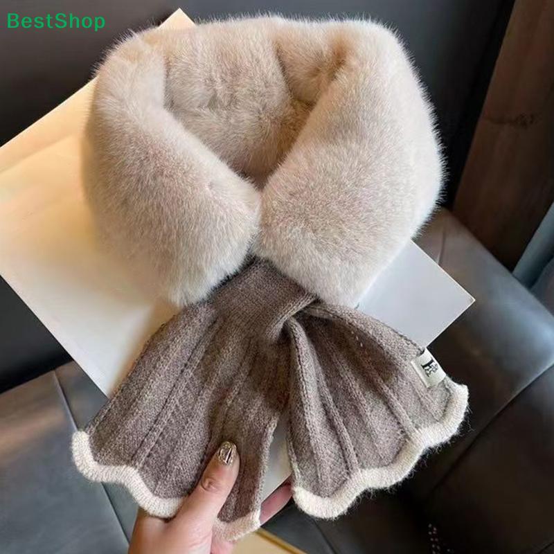  Solid Color Winter Neck Warmer Faux Rabbit Fur Thicken Cross Collar Scarf Neck Warmer Plush Scarf Cold Weather