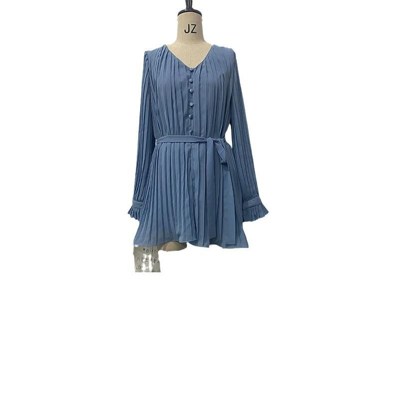 Womens V-Neck Solid Pleated Ruffle Jumpsuit Slim Waist Street Style
