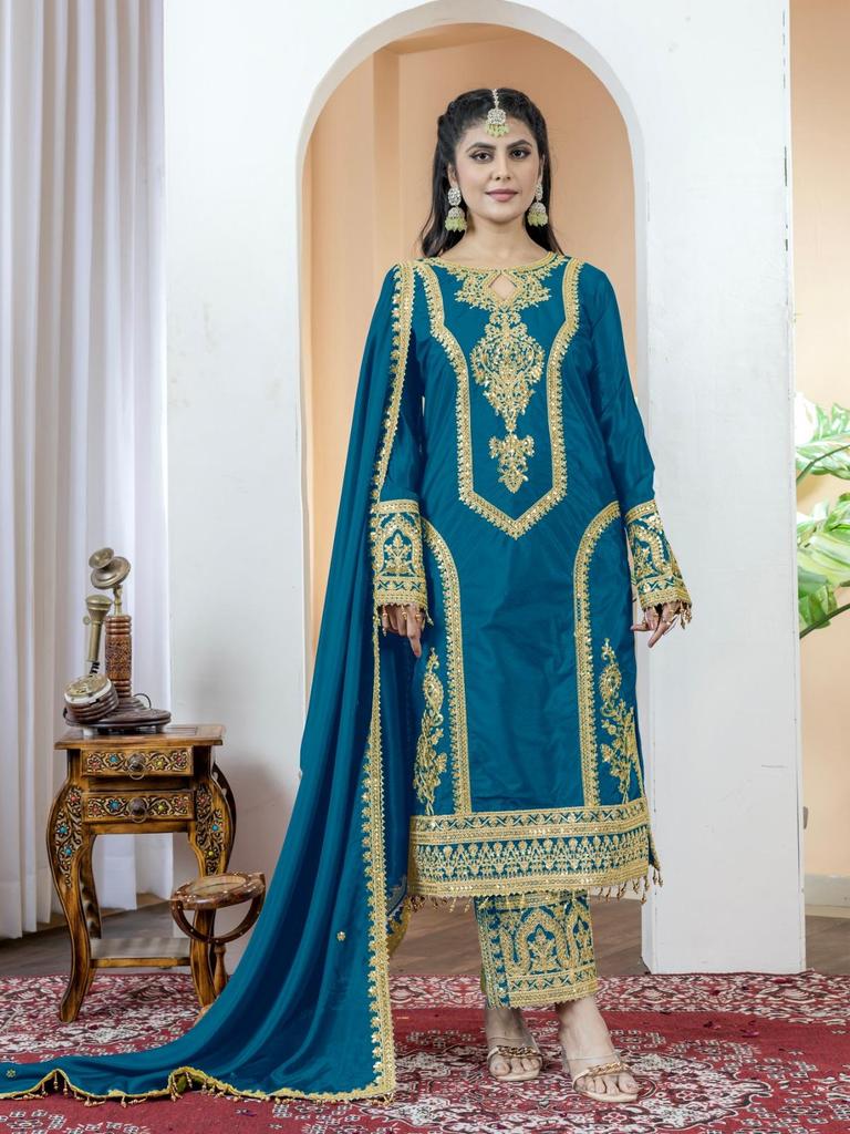 Women Designer Party Wear Salwar Kameez Indian Bollywood Heavy Chinon Silk Salwar Suit Dress