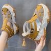 Mode GKTINOO Hollow Sandalen Strasssteine Mode Echtes Leder Damen Klobige Sneaker Damen Sommer Höhenvergrößernde Damenschuhe