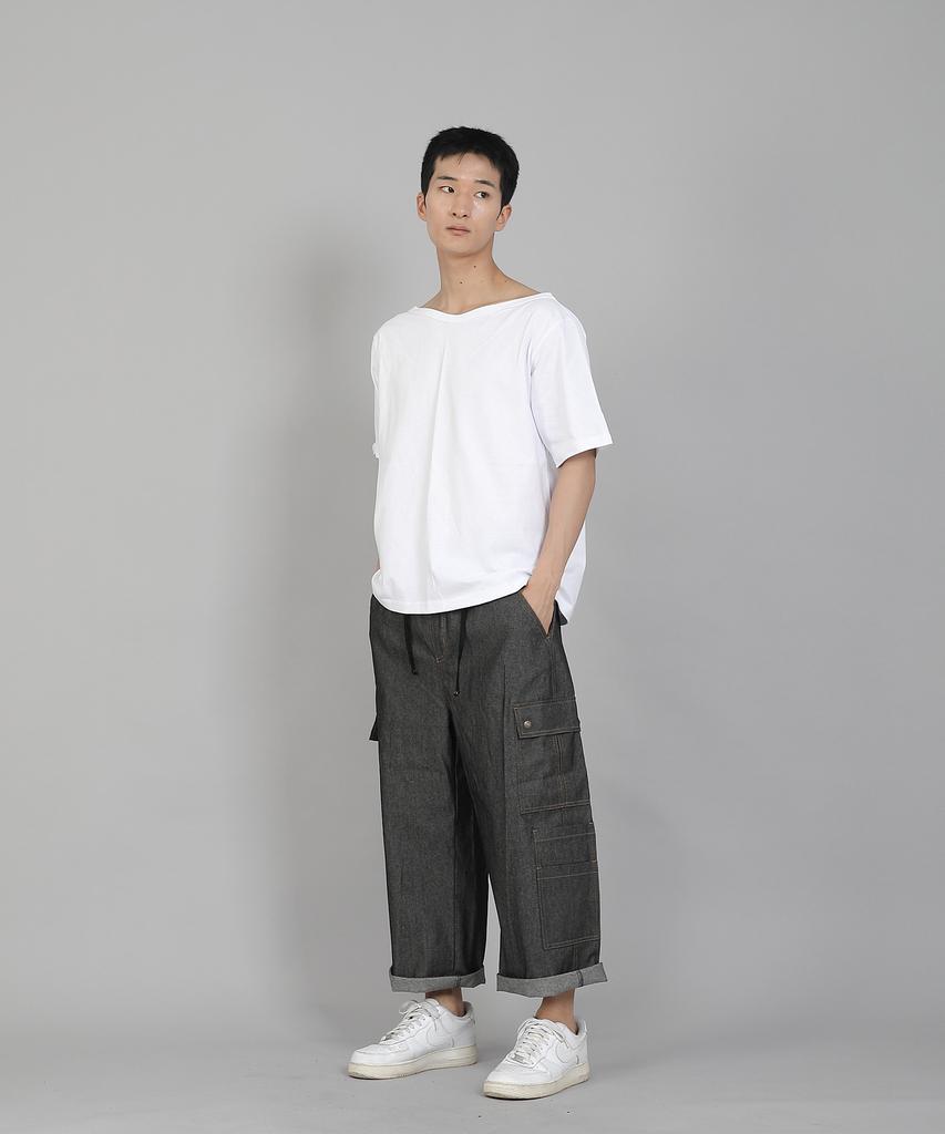 Seinteukeulu Double Cargo Cropped Pants Dcp-382 Denim Gray Black