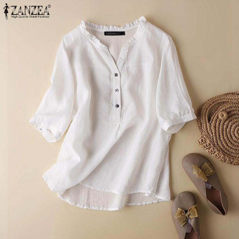 

ZANZEA Женщины Лето с коротким рукавом Футболка Сплошной цвет Свободный Повседневная блузка Топы #2