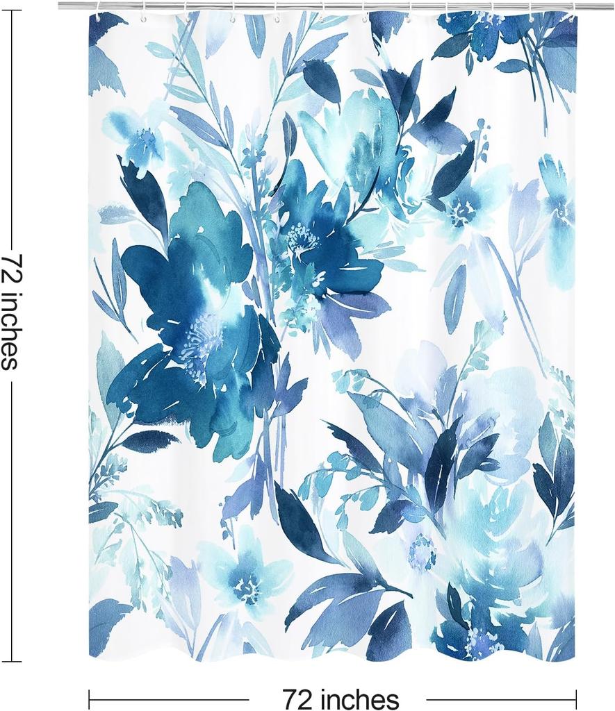 Blue Watercolor Floral Shower Curtain, Botanical Plant Leaves Design, Waterproof Fabric Set With Hooks