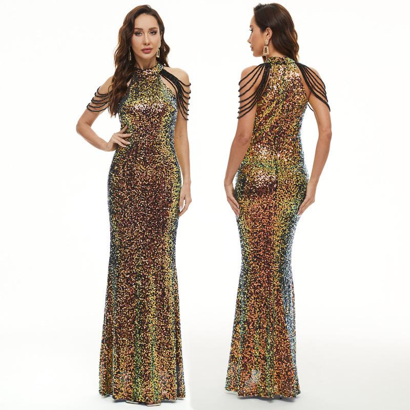 sequined dress banquet light luxury evening dress skirt long slim temperament fishtail skirt large size women's dress