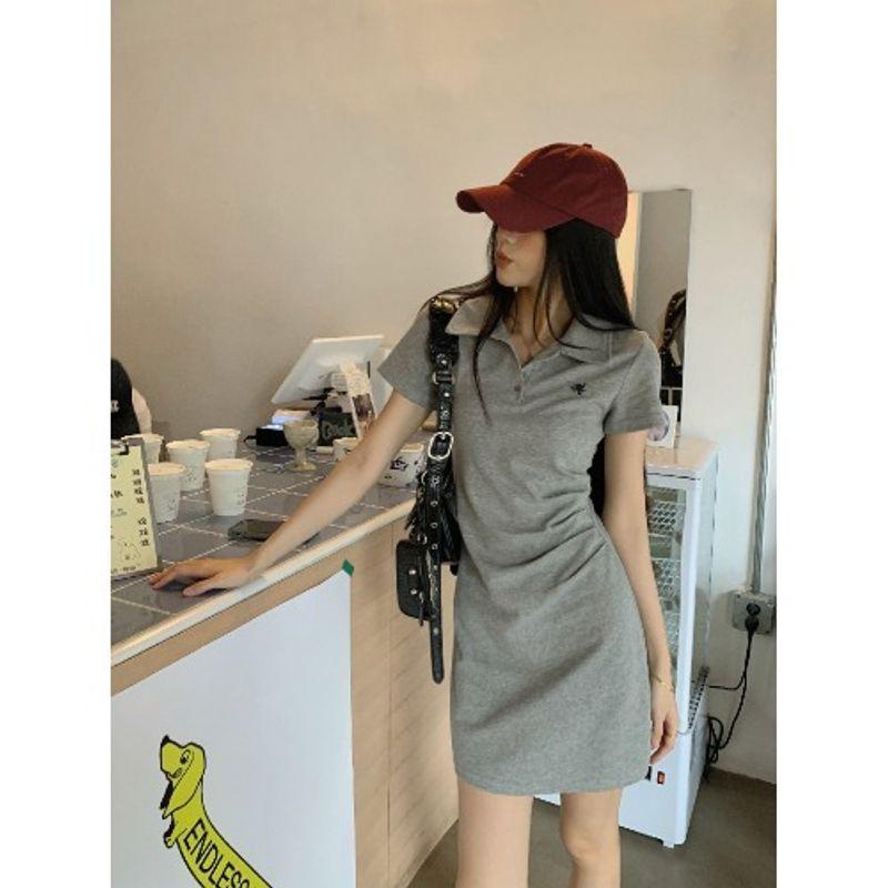 

Polo Collar Embroider Navy Blue Short-Sleeved T-shirt Dress Women s Summer Waist-Controlled Slim Fit Slimming Casual Package Hip Long Dress Gray short M