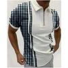 Summer Men's Casual Striped Houndstooth Digital Print T-Shirt Zipper Polo Shirt