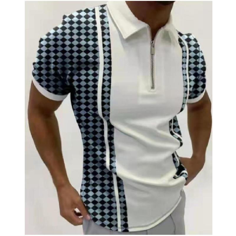 Summer Men's Casual Striped Houndstooth Digital Print T-Shirt Zipper Polo Shirt