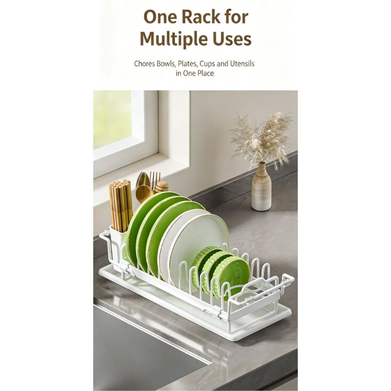 Extendable Kitchen Dish Rack with Plate Separators, Wine Glass Rail, Cutlery Cup, and Removable Water Tray