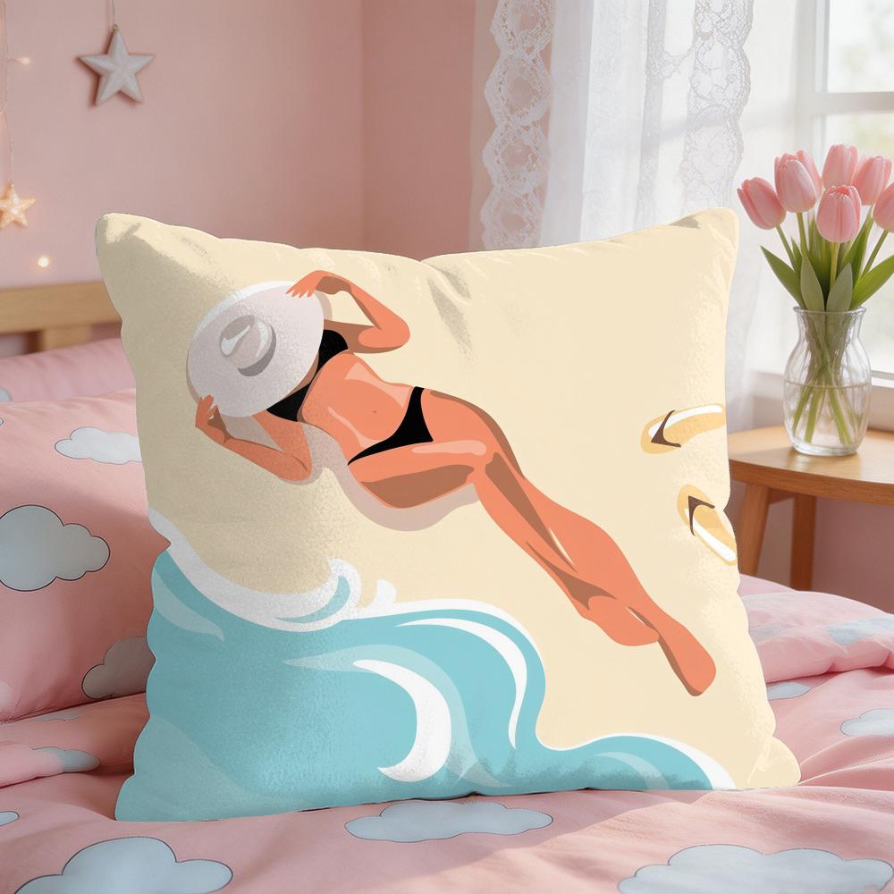 Summer Surfing Ins Art Cushion Cover Square Short Plush Pillow Case Living Room Sofa Home Decor Funda X
