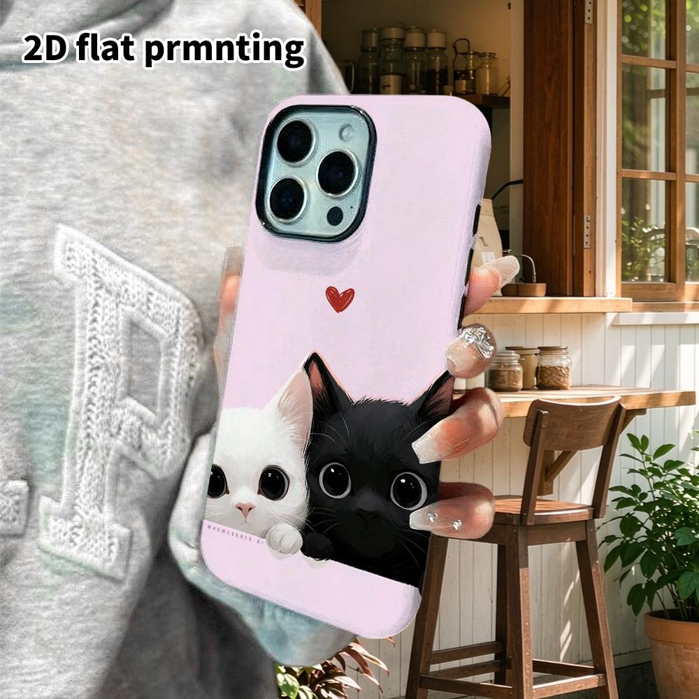 Phone Case: 2D Flat Design Suitable for iPhone 18 17 16 15 14 13 Pro Film Protective Case, Couple Style, Black and White Kitten with Probe, Christmas