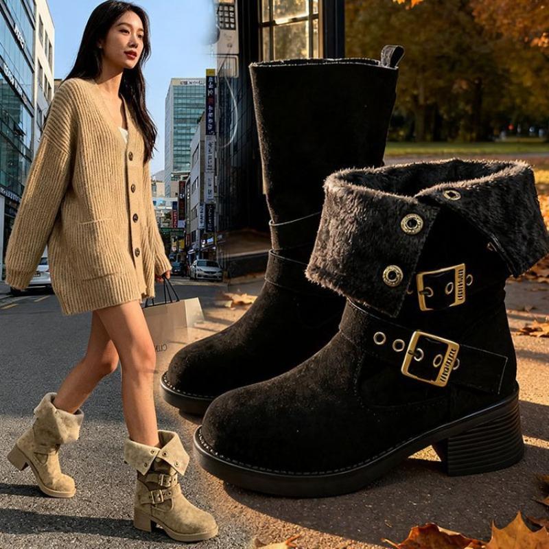 Autumn new thick-soled Martin boots women's retro design belt buckle knight slim pile single boots
