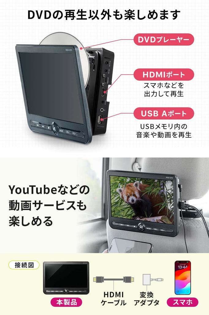 Sanwa Direct Headrest Rear Set of Parent HDMI DVD USB Memory Rear Monitors, Seat, 10.1-inch, 2, Unit/Child Unit, Input, Player, Compatible, In-Car