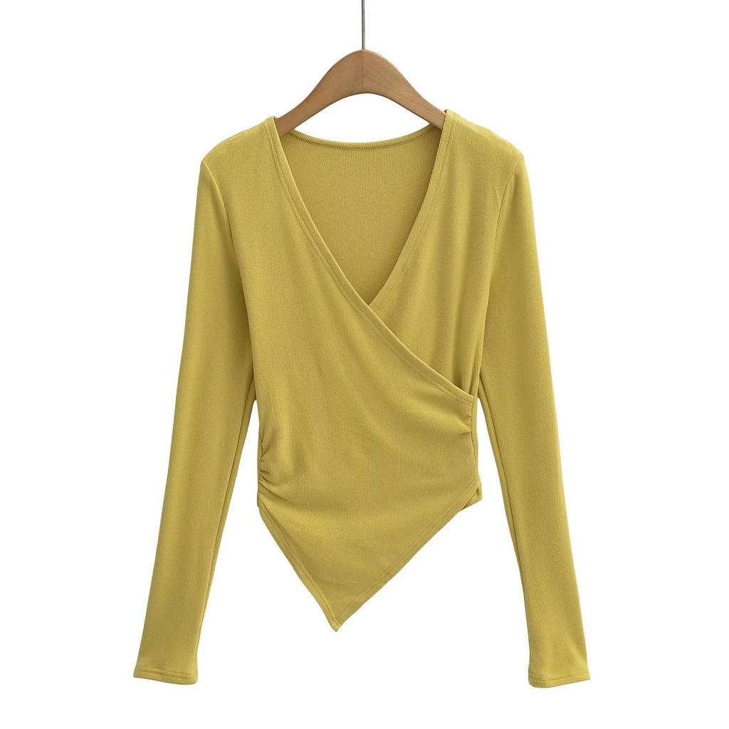 2025 Tief ausgeschnittenes Wickel-T-Shirt mit V-Ausschnitt für Damen, einteiliges Wickel-T-Shirt, sexy Unterteil-Shirt, einfarbiges Oberteil