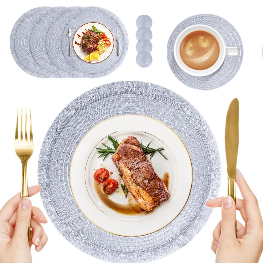 Set of 4/8 PET Woven Round Placemat Tassel Bohemian Table Placemats Heat-resistant Non-slip Table Mats for Home Wedding Kitchen