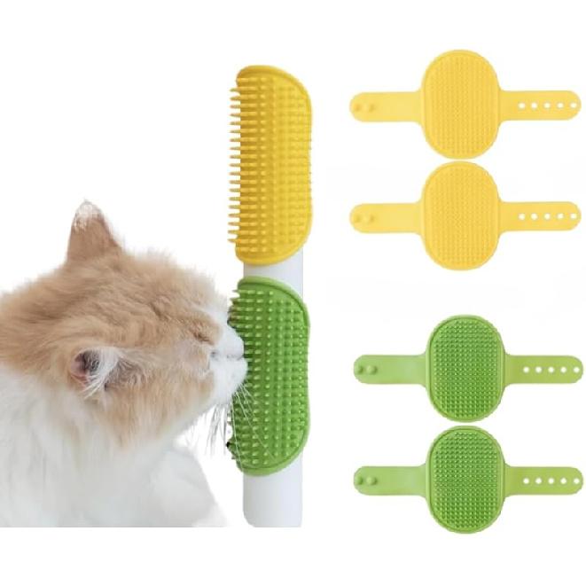 4 Pieces Cat Self Groomer Cat Brushes Silicone Cat Combs for Indoor Cat Corner Cat Face Scratcher Adjustable Cat Massager (Green+Yellow) Green+Yellow