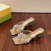 Summer new fashion rhinestone flower medium heel slippers versatile temperament thick heel cool slippers