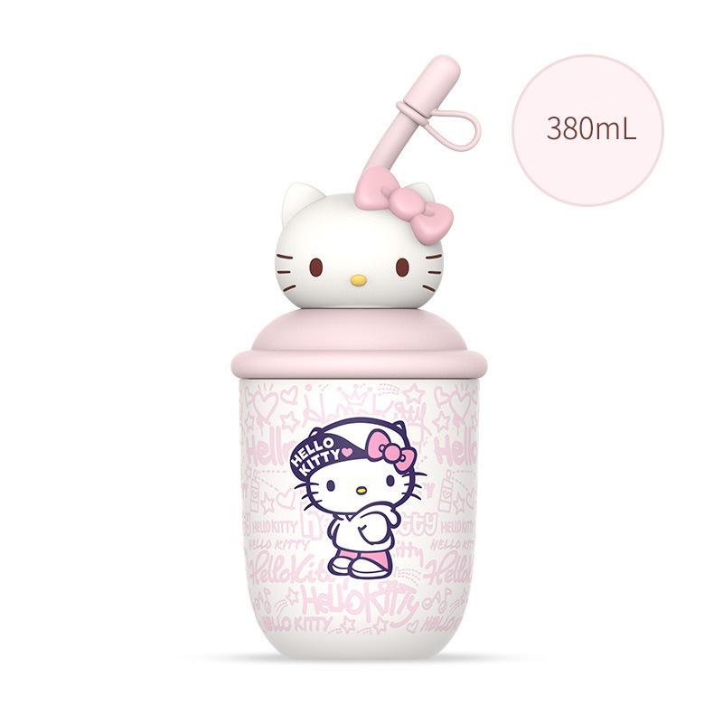 X&W 380ML Hello Kitty Insulated Bottle Stainless Steel Cartoon Beverage Cups Portable Milk Tea Straw Cup with Cute 3D Doll Lid
