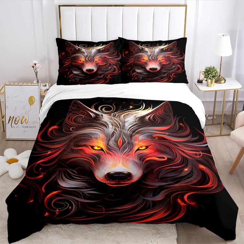 3pcs Flaming Wolf Printed Quilt Set - Includes 1 Quilt Cover and 2 Pillowcases, Machine Washable - Suitable for All Seasons.J054