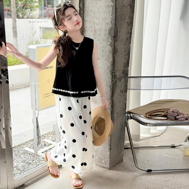Korean Style Girls Summer Set: Sweet Lace Sleeveless Top & Polka Dot Wide-Leg Pants 170 cm
