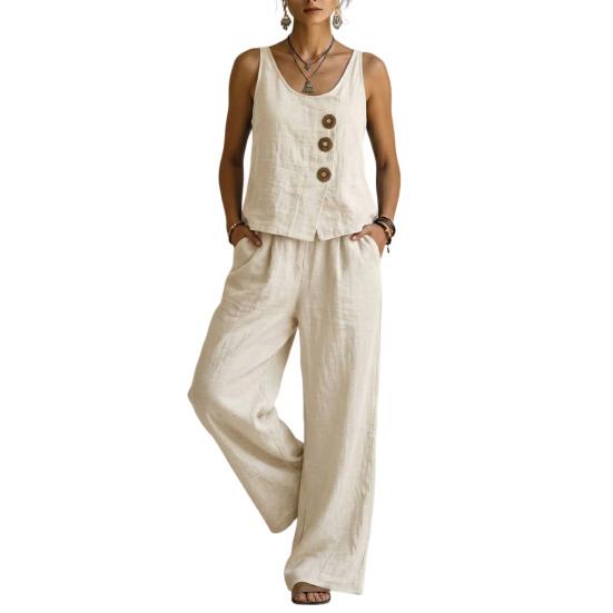 Sleeveless 2 Piece Buttons Crew Top And Sets for Women Neck Tank Wide XXL белый