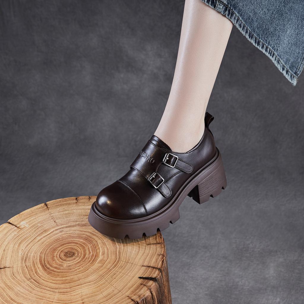 Damen Dicksohlige Höhenverstärkende Lederschuhe Britischer Stil Leichter Luxus Echtlederschuhe High-End Retro Slipper