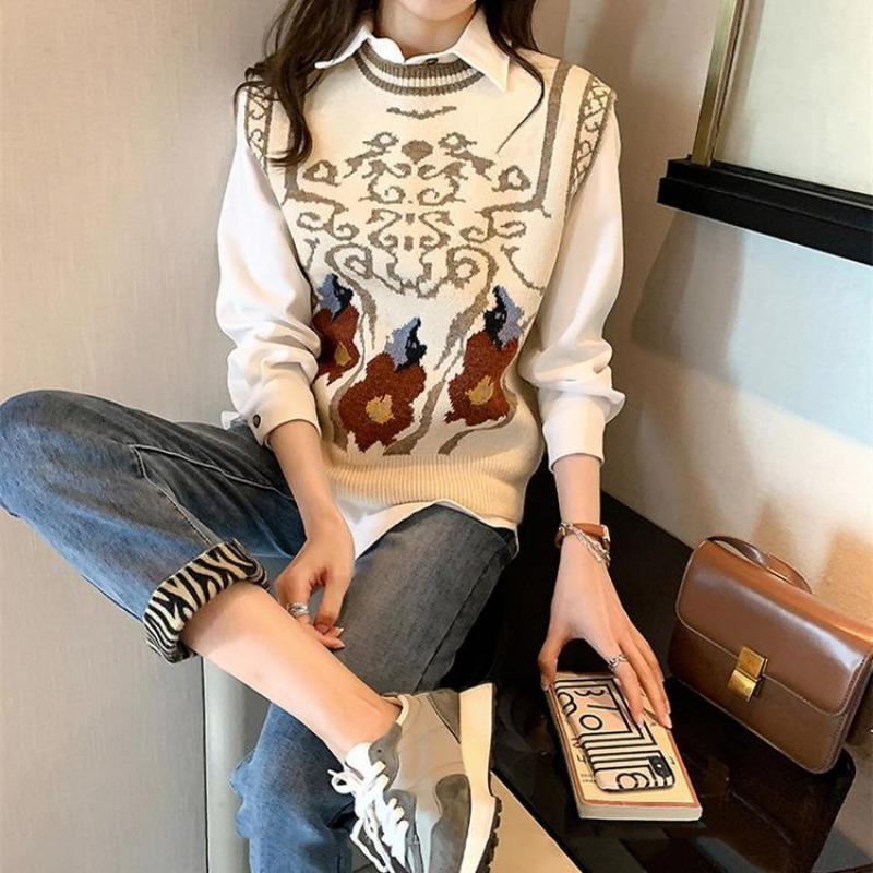Retro Embroidered Style Knitted Vest Women's Round Neck Knitted Pullover Sleeveless Top Thin Sweater Commuting Casual Autumn