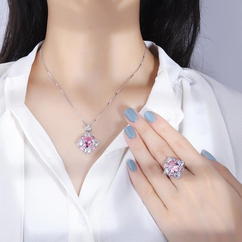 Jewelry Copper Bottom Gold-Plated Retro Wind Simulation Pink Diamond Pendant Ring Set Main Stone 10 * 12