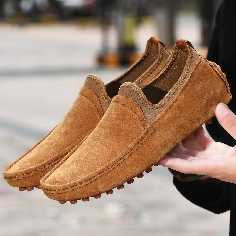 Fashion Big Size 35-49 Slip on Casual Men Loafers Summer Mens Shoes Moccasins Driving Genuine Leather Suede Casual Slip on Men's Flats