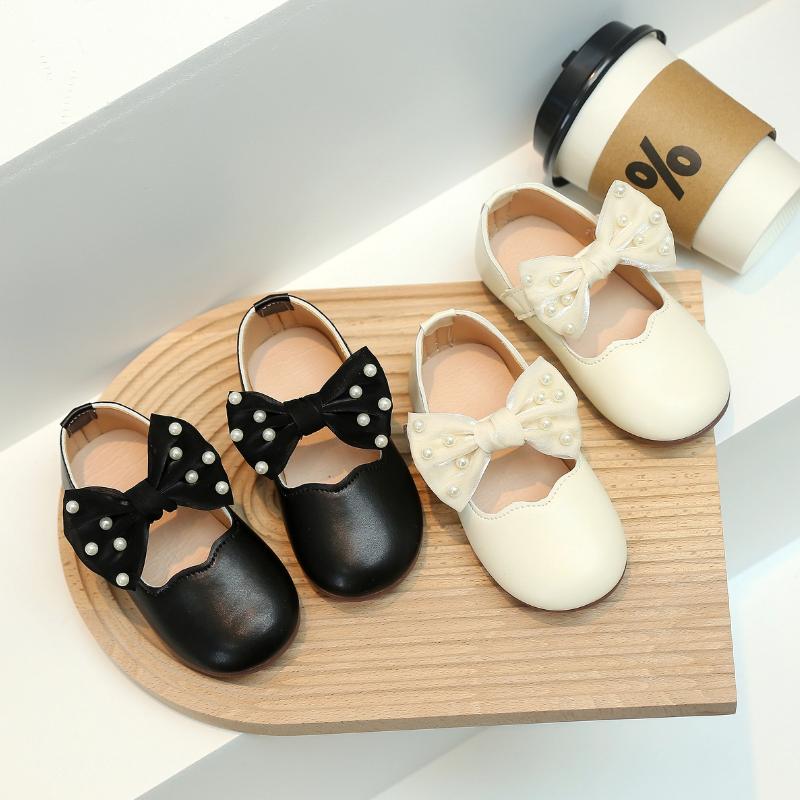 Children Mary Janes Beading Ribbon Black Beige Girl's Princess Shoes Shallow Flexiable Elegant Fashion Kids Flat Shoe 21-30