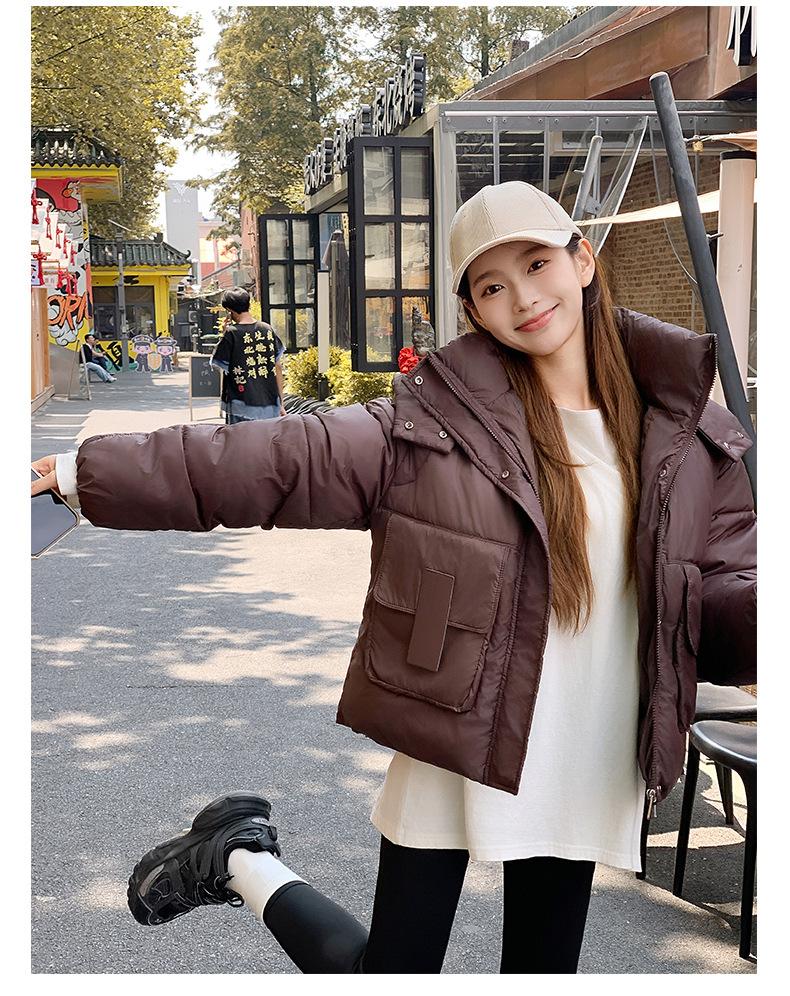 

Модная съемная шляпа, короткий женский дизайн с большими карманами, короткая свободная хлопковая куртка, одежда-хлеб XXL темно-коричневого