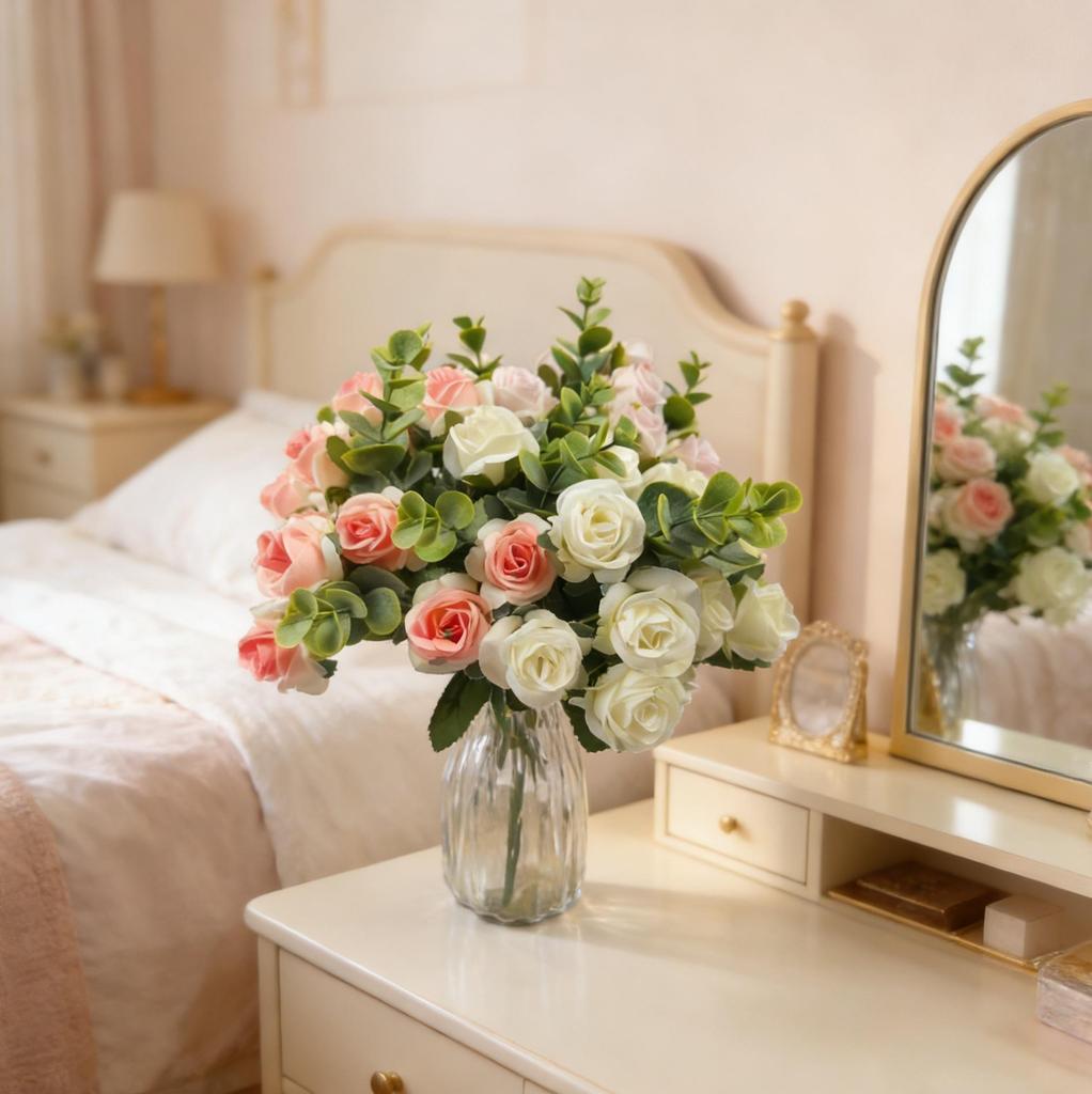 Künstlicher 5-Zweig-Rosen-Eukalyptus-Strauß für Heimdekoration und Foto-Requisiten