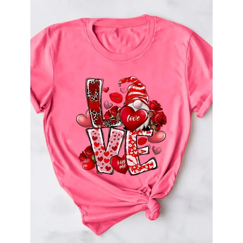 Women's Valentine's Day Heart-shaped Printed T-shirt Round Neck Short Sleeved Shirt