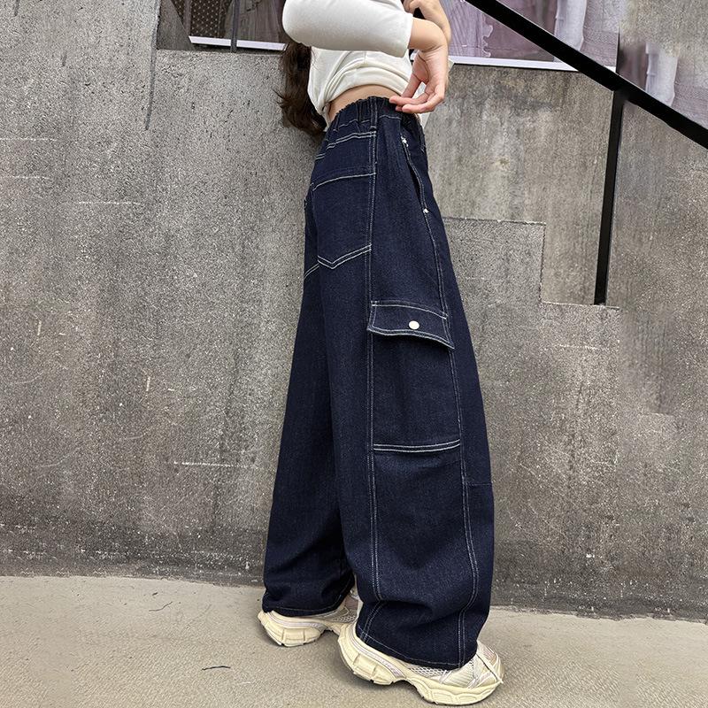 Dívčí podzimní ležérní cargo kalhoty - Džínové kalhoty s širokými nohavicemi pro děti