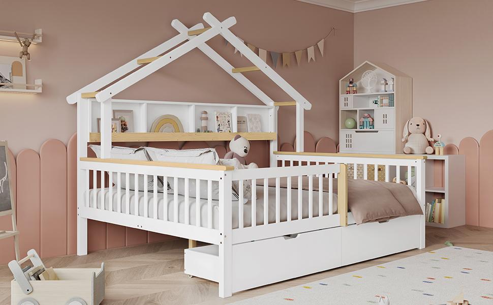 Çocuk Yatağı, Düşme Koruması ve Kenarlığı ile, Eşsiz Çatı Tasarımı, 2 m Depolama Rafı, Tekerlekli İki Çekmece, Çam+MDF, Beyaz+Doğal, 140x200cm