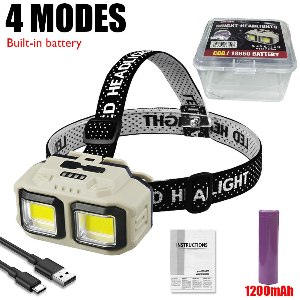 High Power LED Headlamp USB C Rechargeable Headlight 18650 Waterproof Head Lamp Cap Work Light Blue Red Flashing Emergency Light