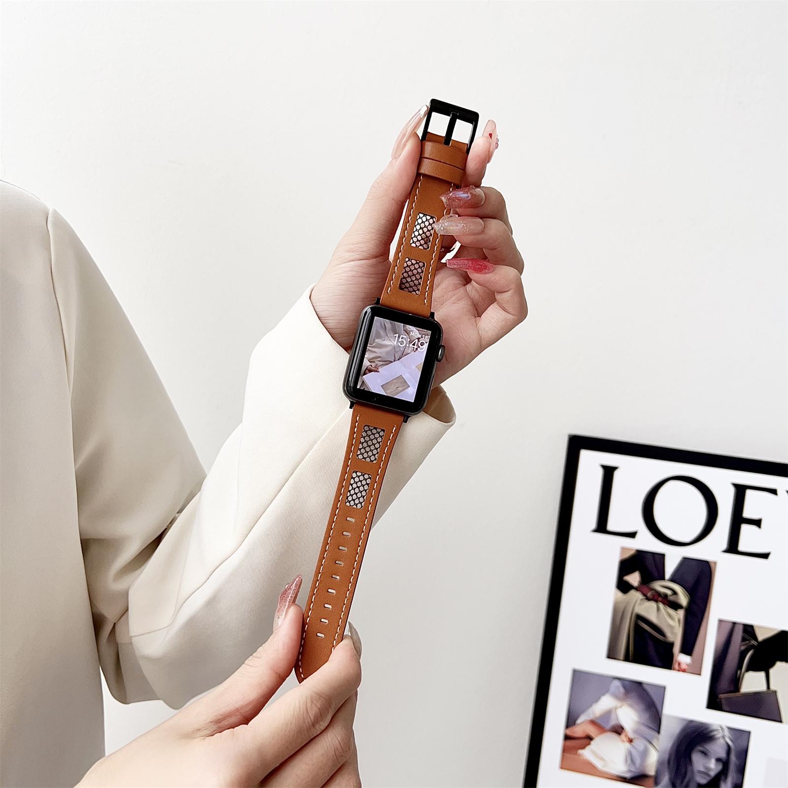 

Strap For Apple Watch Series 10 42mm/9 8 7 41mm/SE (2023) SE (2022) SE 40mm 6 5 4/3 2 1 38mm PU Leather Watch Band with Mesh Brown
