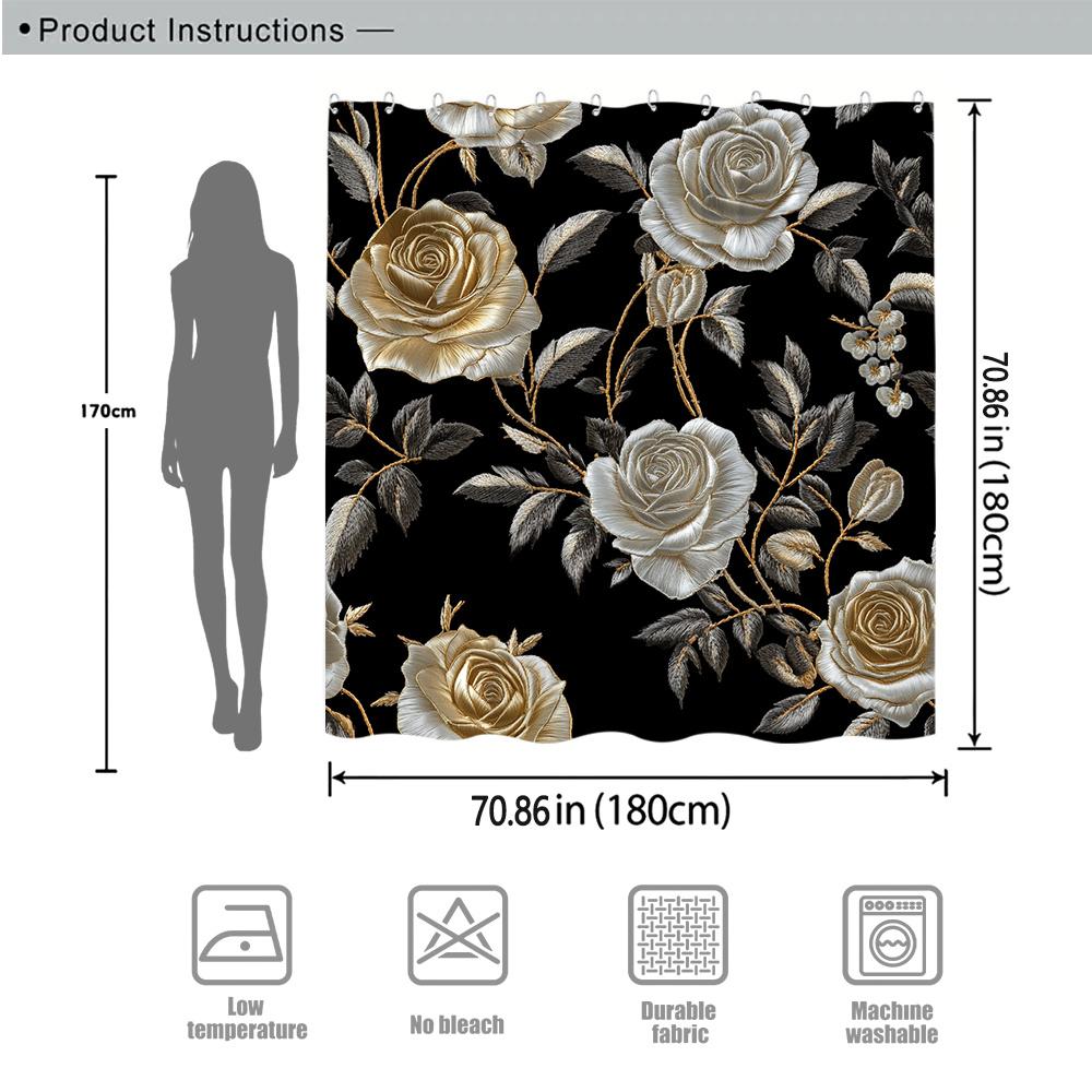 Black Floral Curtain - Gold & Silver Roses, Green Leaves, Metallic Accents, Baroque Style, Polyester,  Machine Washable