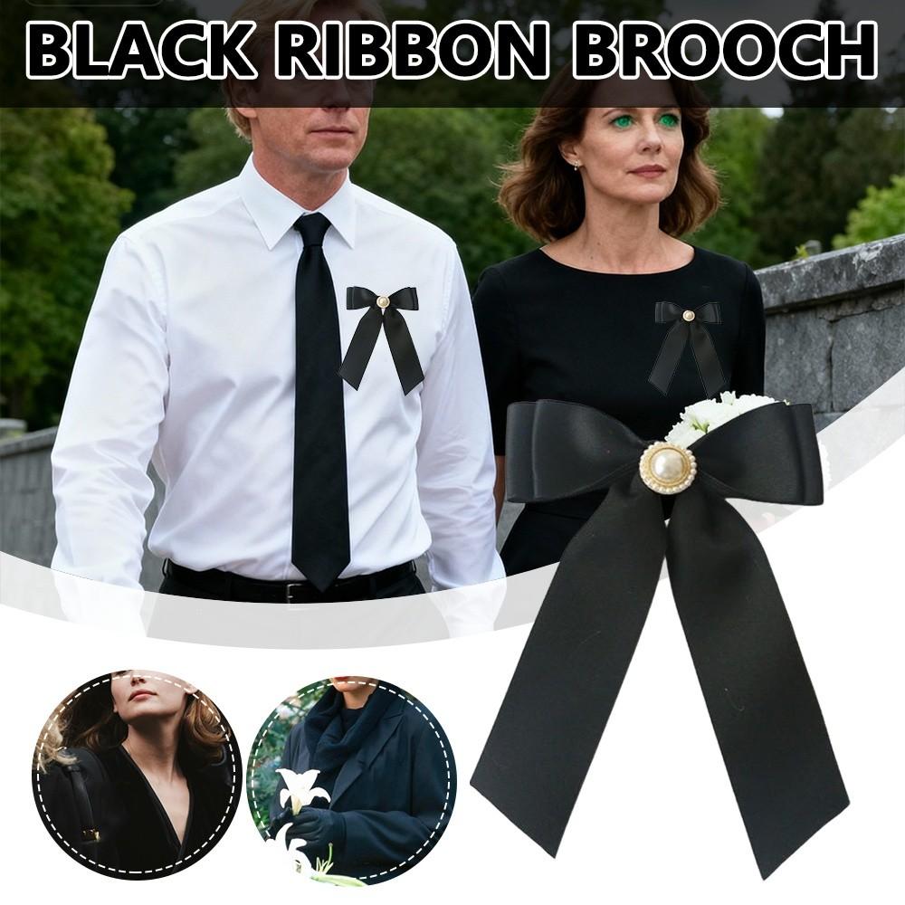 Black Satin Bowknot Brooches Pearl Badge Pin Elegant Clothes Accessories For Funerals and Mourning