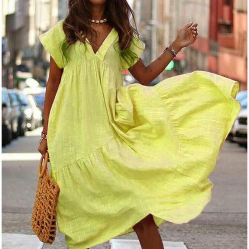 Elegant Women Fashion Maxi Dress Short Sleeve Solid Color Casual Boho Kaftan