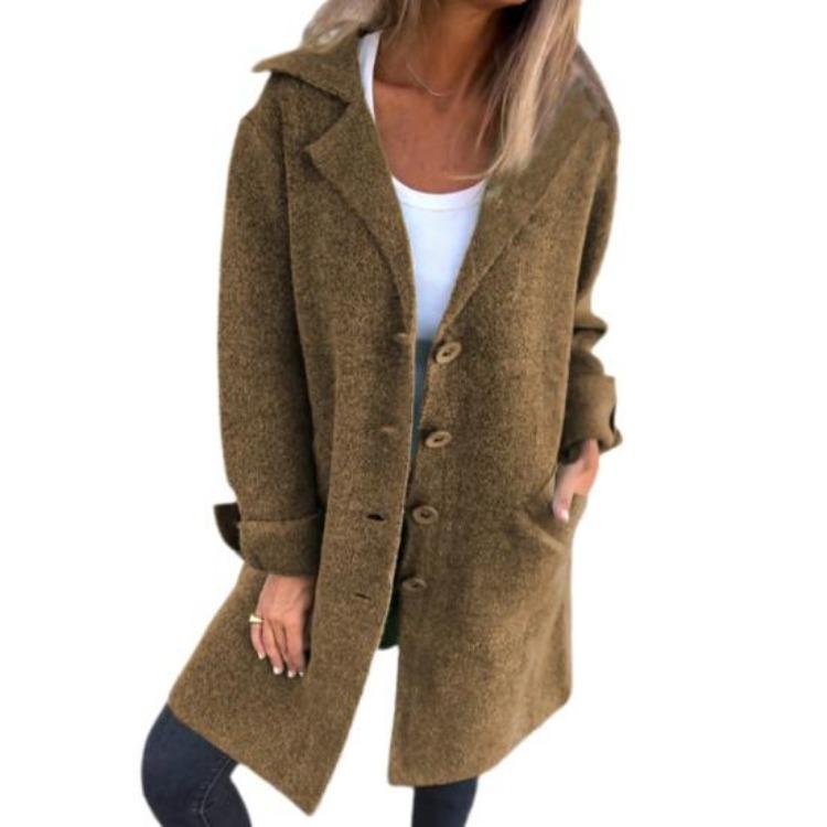 Women Woolen Coat Autumn Winter Loose Mid Length Overcoat Turn Down Collar Single Breasted Long Sleeves Solid Color Pockets Commuting Dating Jacket