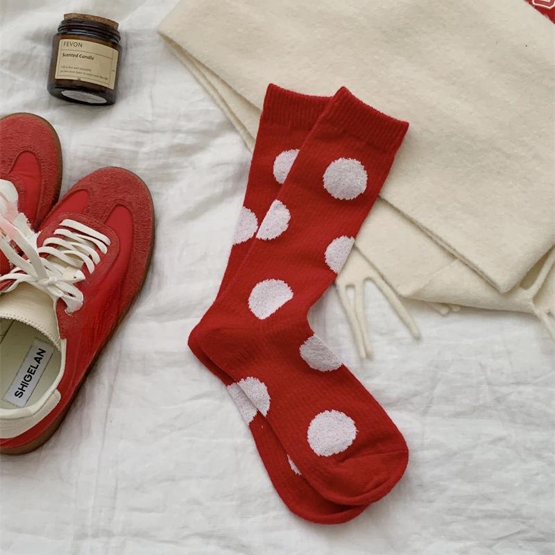 "New Year Christmas Red" Big Red Socks, Women's Fabric Label Mid-calf Socks, Autumn and Winter Big Polka Dot Twist Pile Socks, Long Socks