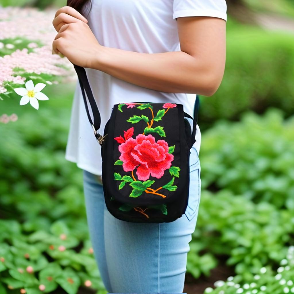 Vintage Chinese Style Embroidered Canvas Crossbody Bag With Multiple Pockets For Daily Use