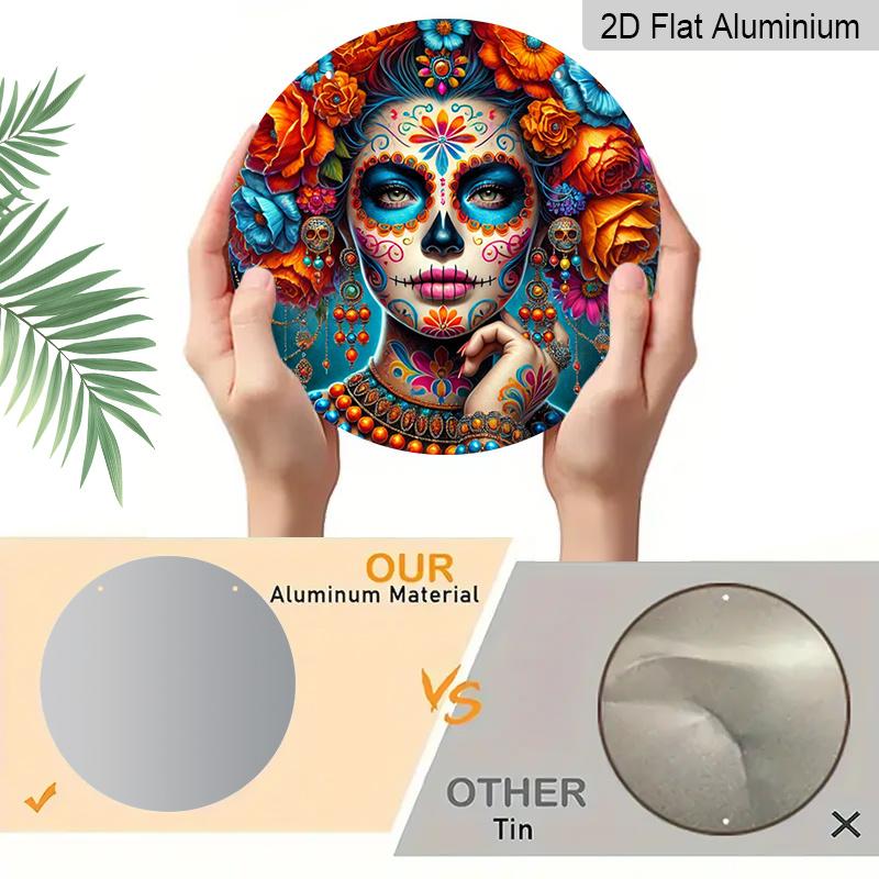 2D Flat 1pc, 8x8 in, Round Aluminum Metal Sign - Skull Design, Themed for Day of The Dead - for Outdoor & Indoor Decoration - Suitable for Spring and