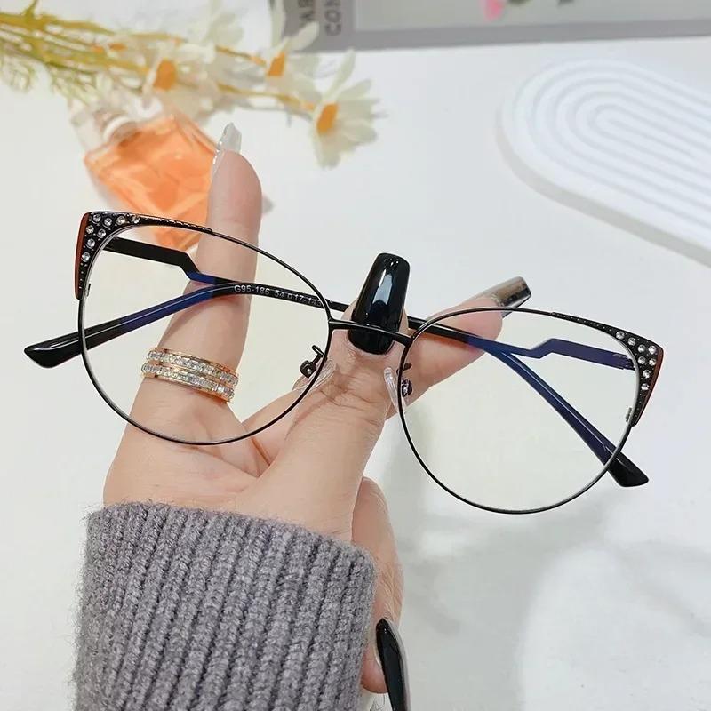Anti Blue Light Glasses Cat Eye Vintage Diamond Metal Frame Women Optical Flat Mirror Eyewear