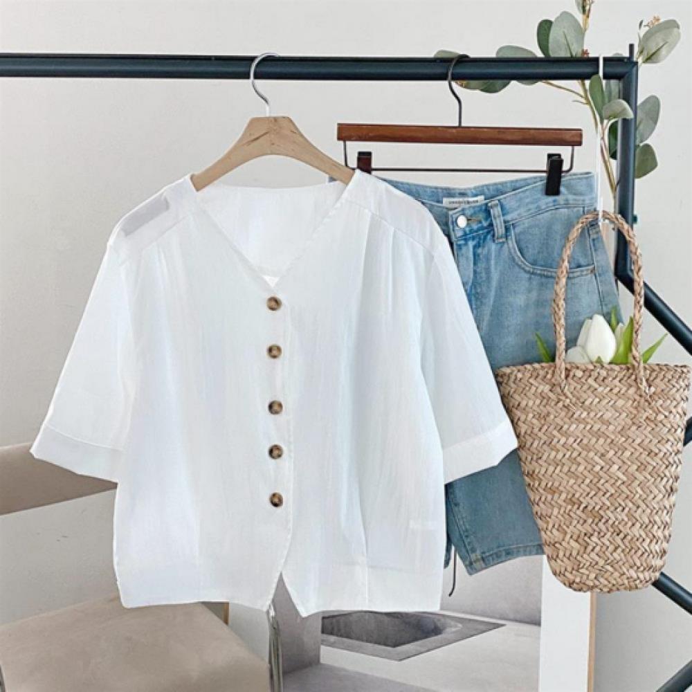 New ArriValS Open Run Women S V Neck Button Point Short SleeVe blouSe Solid